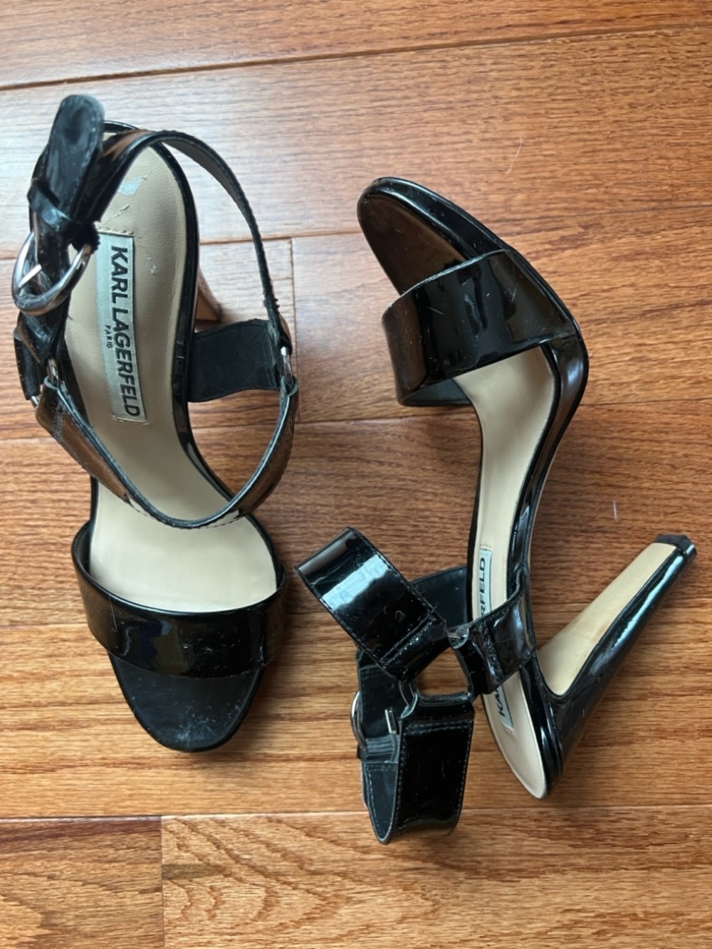 Karl Lagerfeld Black Patent Ankle-Strap Stiletto Sandals - Picture 5 of 15